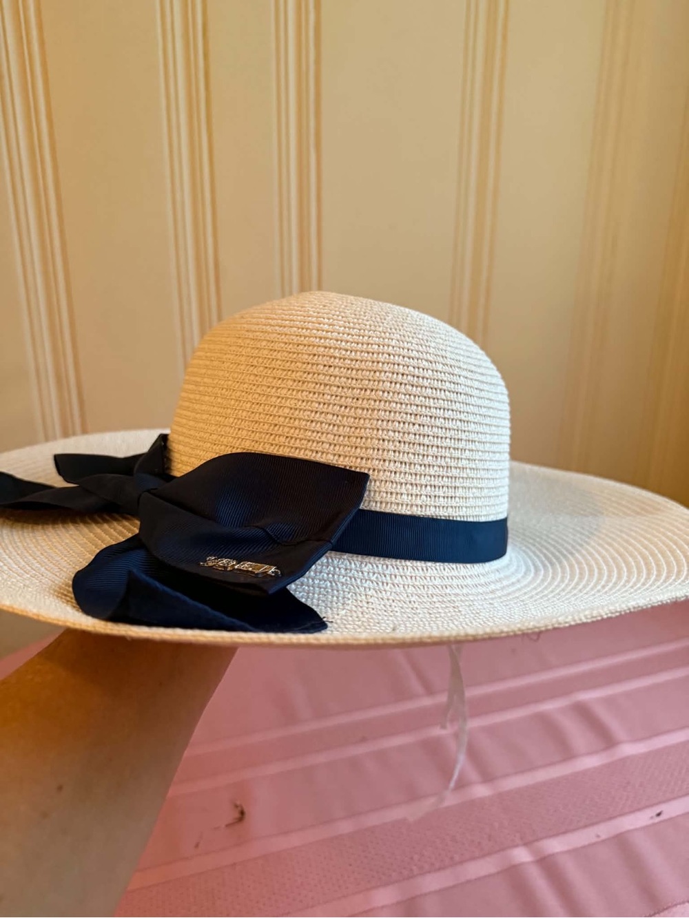 Cream Straw Sun Hat with Navy Ribbon Bow